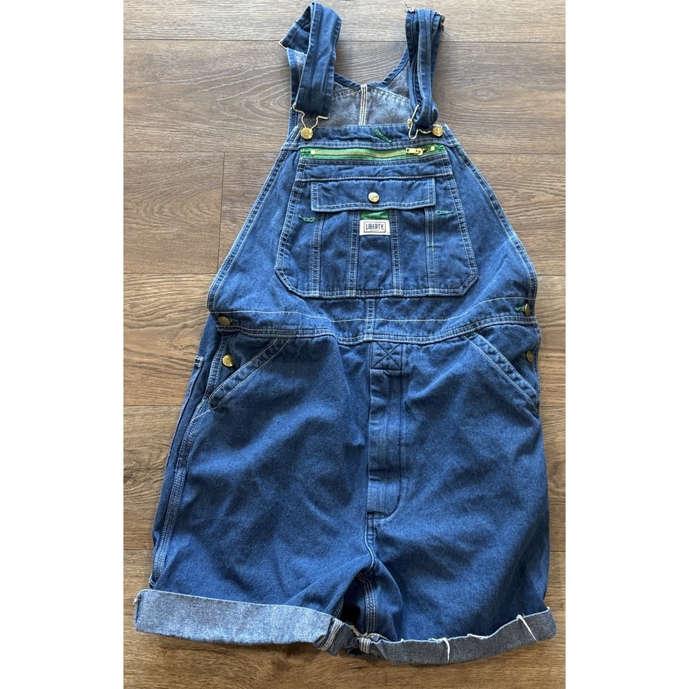 VTG Liberty Cut Off Bib Overalls Romper Denim Jean Shorts Sz 34 Country Festival